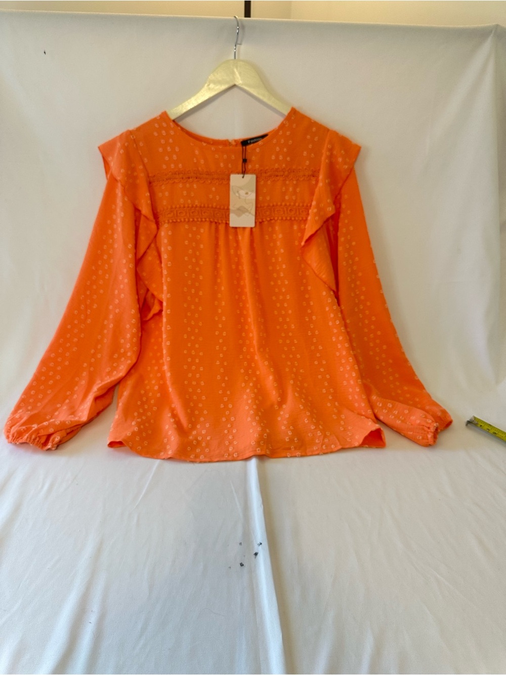 Bright Orange Ruffle-Trim Long-Sleeve Blouse